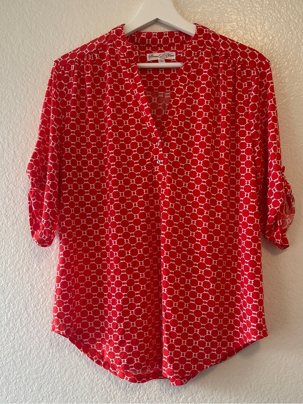 Stem & Vine Orange Geo-Print V-Neck Roll-Sleeve Blouse, Large